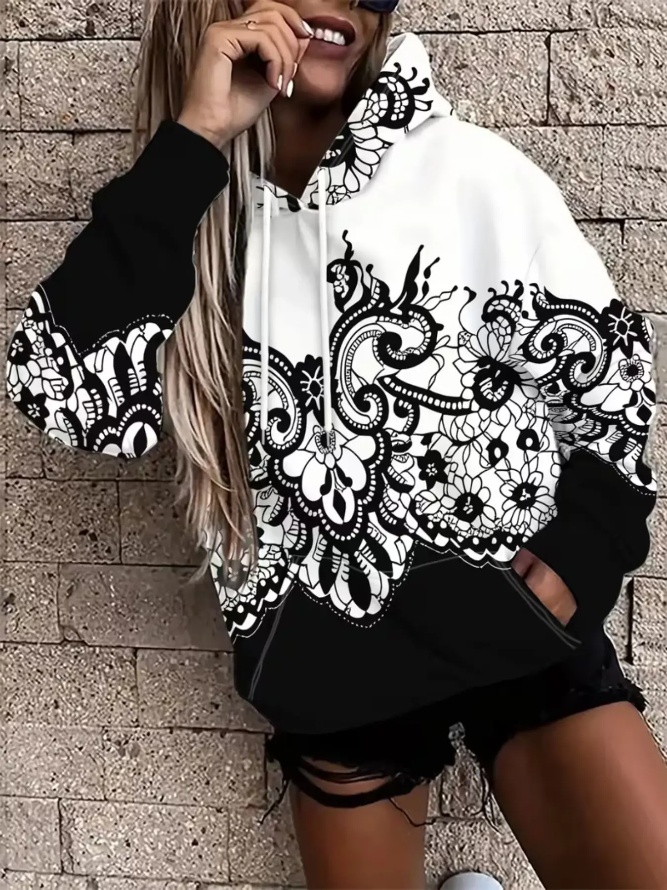 Women's Lace Floral Print Hoodie, Casual Long Sleeve Pullover, Comfortable Fashion Daily Wear, Loose-Fitting All Seasons