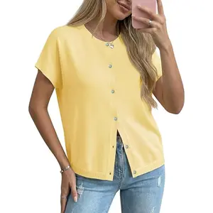 Saodimallsu Women's Oversized Short Sleeve Knit Cardigan, Lightweight Cotton Blend Button Down Crew Neck Casual Sweater Top, Knitting