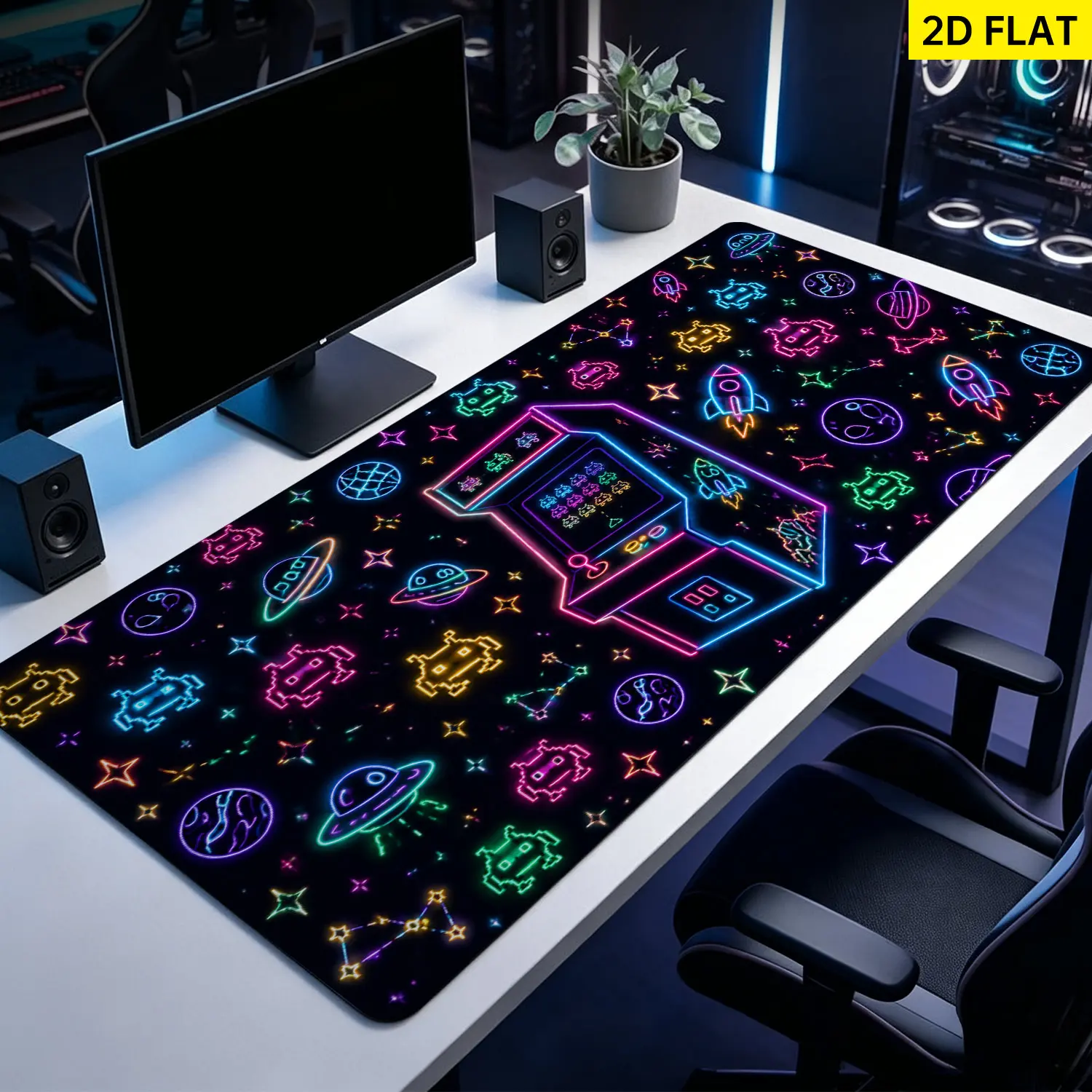 Extra Large neon arcade game space theme Mouse Pad,Non Slip Rubber Pad,Desktop Decoration Drotection Pad,Washable,Lock Edge Multi Size,Premium Multipurpose Mousepad For Office,Gaming Room,Gift for Family and Friends