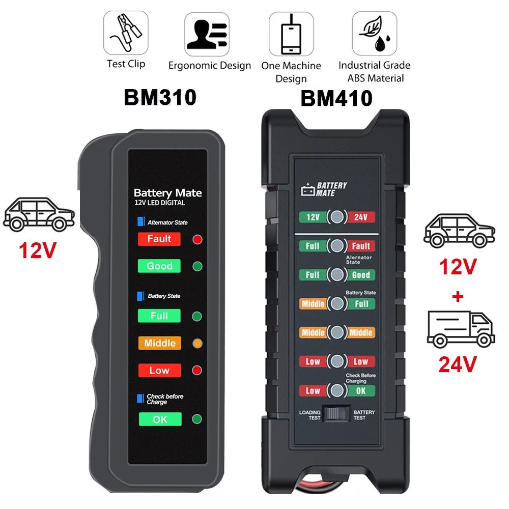 Car Battery Tester, 12V 24v Automotive Battery Test Tool with LED Indicator, Battery Checker Analyzer for Alternator and Charging System