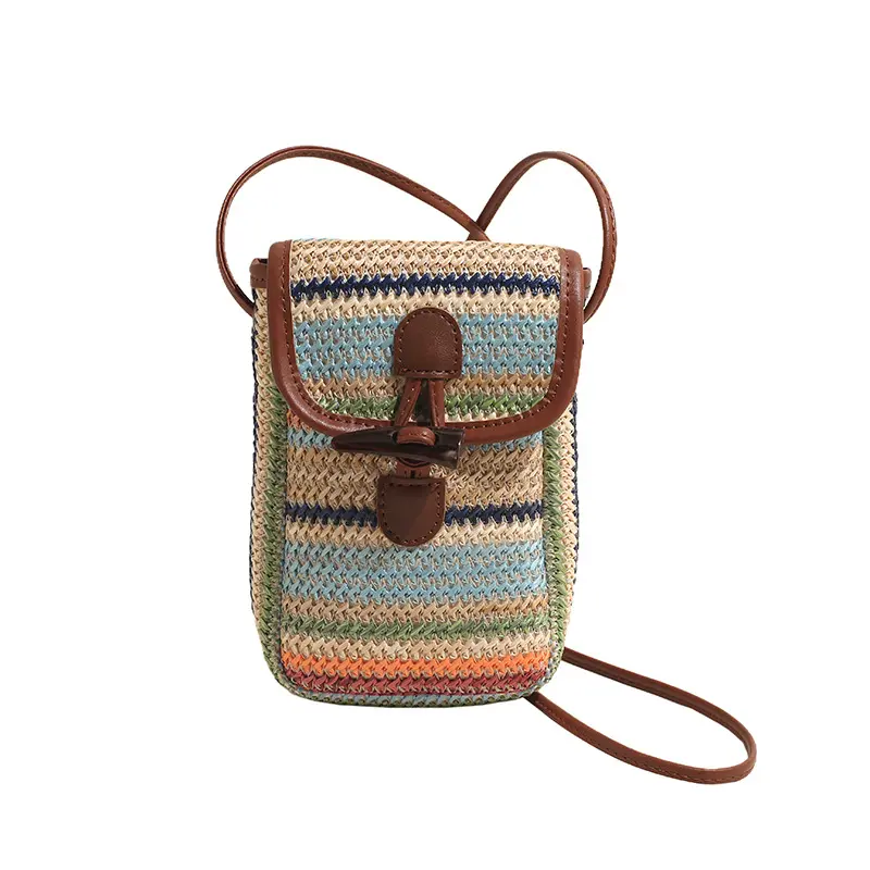 Women's Lightweight Adjustable 2-Strap Square Rainbow Grass Woven Mini Bag - Adjustable Messenger, Multi-Use Crossbody & Shoulder Phone Bag, Casual, Cold Wash, Colorblock, Flap, Adjustable Strap