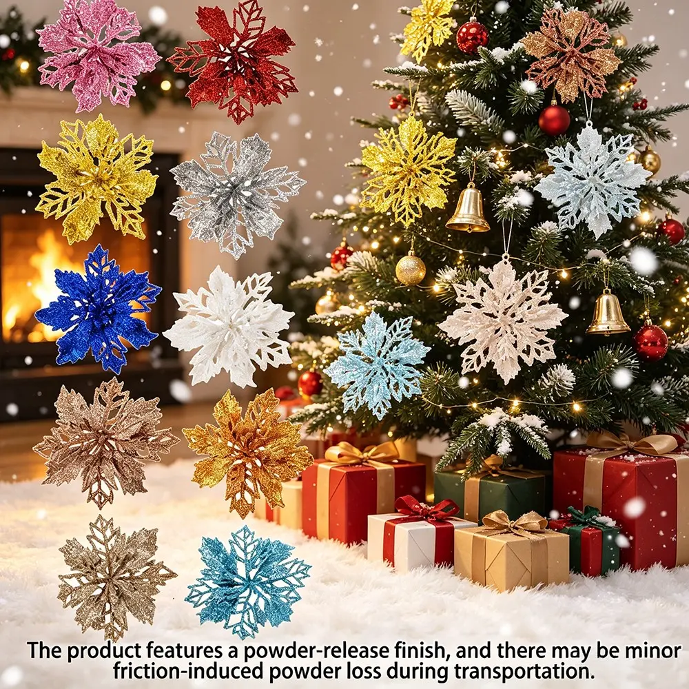 12pcs 9cm Artificial Christmas Flowers, Half Hollow-out Christmas Flower, Glitter Xmas Tree Flowers Christmas Tree Ornaments for New Year Xmas Tree Wedding Decor