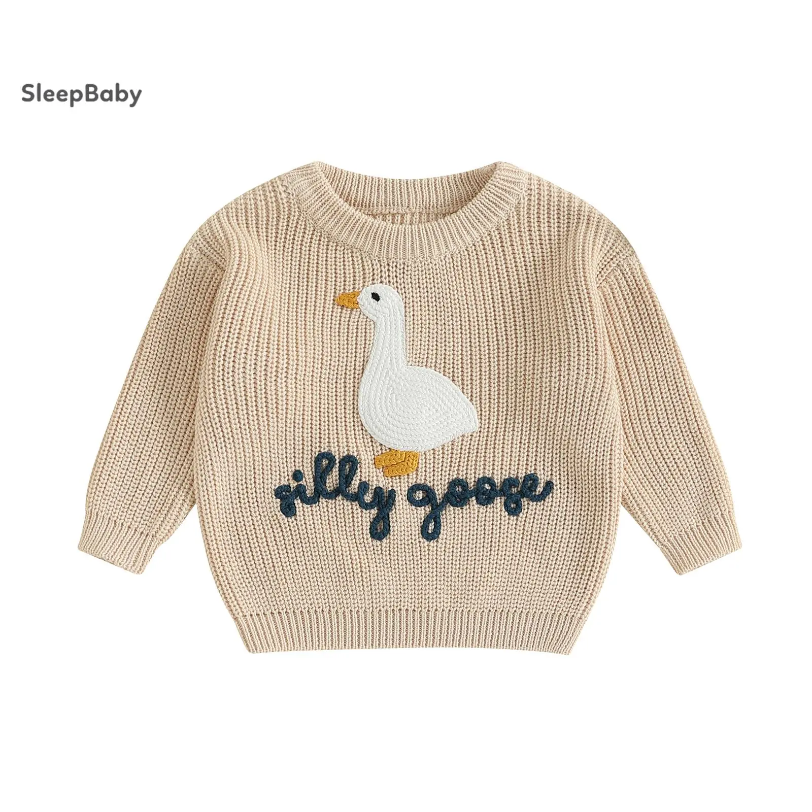 Toddler Kids Knit Sweater, 3D Towel Embroidered Goose Pattern Crew Neck Pullover, Loose Fall Winter Casual Long Sleeve Top for Boys Girls 3 Colors