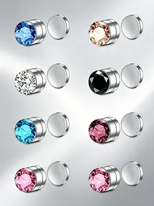 Multi-Color CZ Magnetic Earring Stud Set, 316L Stainless Steel No Piercing Required Fake Plugs, Hypoallergenic Reusable Non-Pierced Ear Jewelry for Men Women