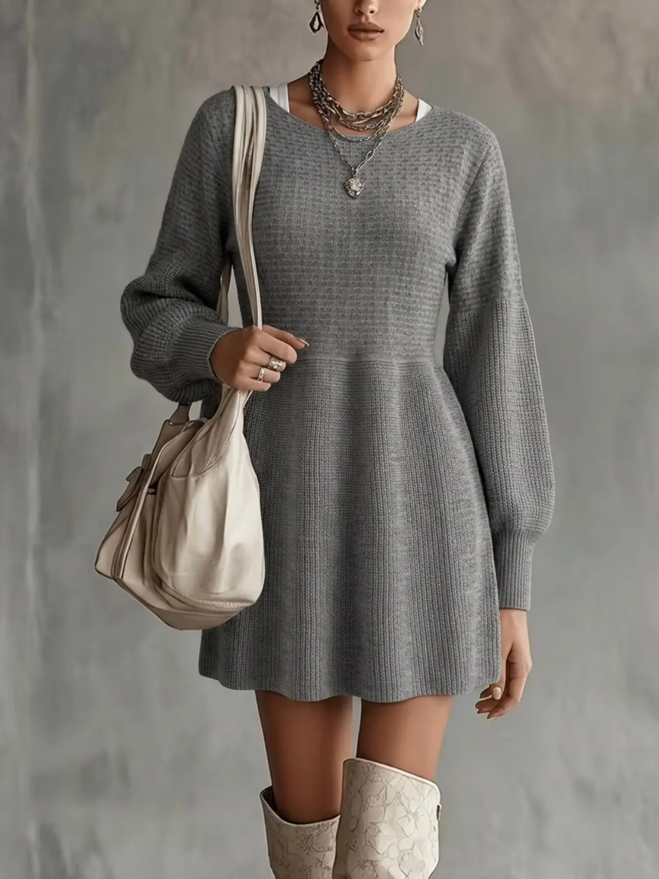 1PC Women's Gray Waffle Knit Mini Dress, Boat Neck Balloon Long Sleeve A-Line Sweater Dress, Waist Flared Soft Knit Outfit for Fall Daily Streetwear