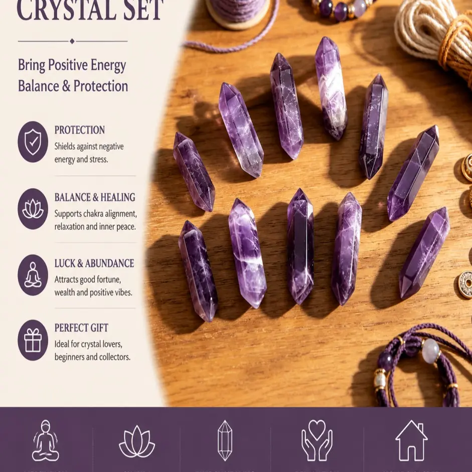 10 Piece Healing Crystal Set, Hexagonal Bullet Shape Meditation Gemstones, Portable, Stress Relief, Yoga, Meditation, Gift