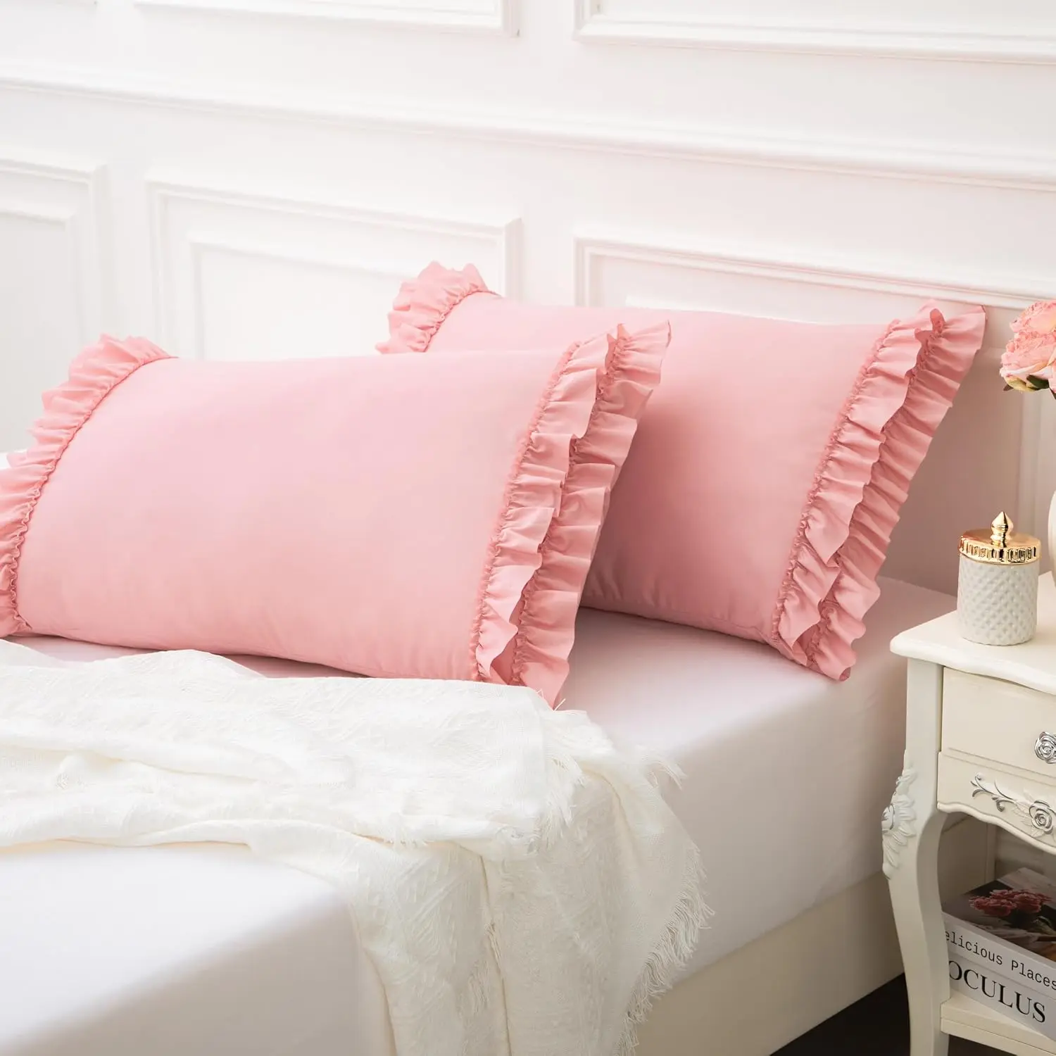 Ruffle Pillow Case Set of 2, Light  Ruffle Pillow Shams, 20" X 26" Standard Size Envelope Closure Design - Soft Microfiber Decorative Pillowcase for  & Shabby Chic Decor