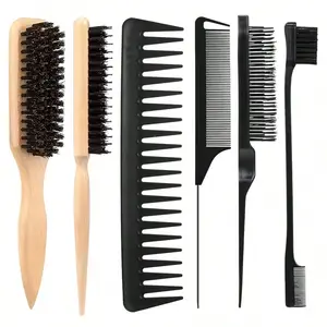 6pcs Set Boar Bristle Slick Back Hair Brush, Edge Brush Rat Tail Comb, Wide Tooth Comb for Men Women, Styling Tool Kit