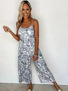 Women's Plus Size Casual Tank Top Romper with Pockets, Random Print, Comfortable and Stylish, Perfect for Daily Wear