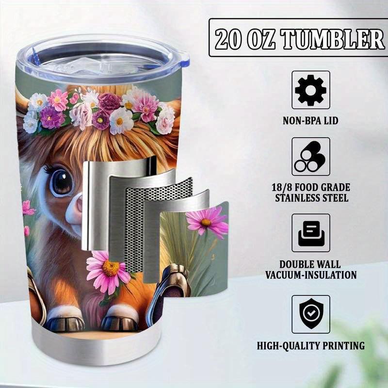 Cute Highland Bull Pattern Stainless Steel Thermos Mug with Floral Design | 20oz Leak-proof Travel Mug, BPA-free Double-walled Vacuum Insulated Mug, Suitable for Hot and Cold Drinks, Reusable, Perfect for Home, Office, Camping, and Everyday Gifts.