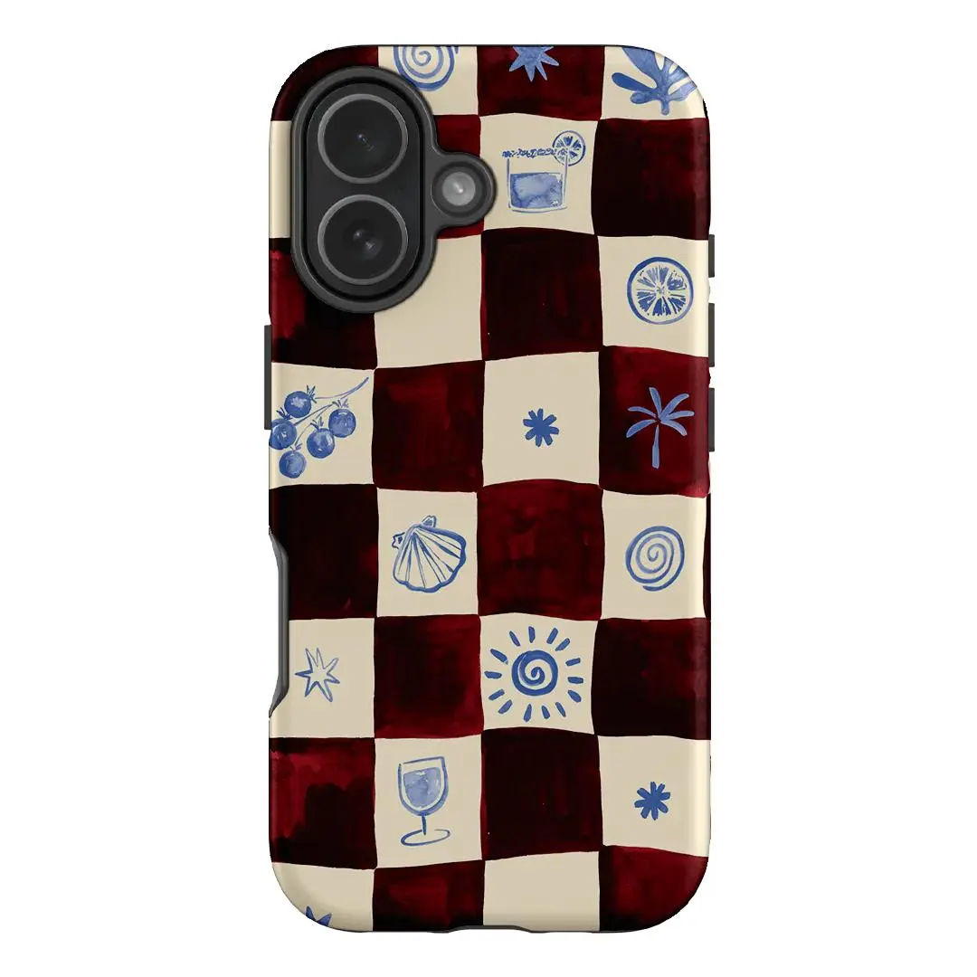 Mediterranean Summer Checkerboard Smartphone Casing - Burgundy Coastal Art Hand-Painted Tile Shell, Slim Shockproof Protector Casing, Protection Accessory for iPhone 11-17 Air Series, Gift for Her