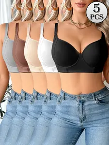 Five-Pack Seamless Bra Set for Women, 3/4 Cup Lifted Bras, Adjustable Non-Slip Straps, Multi-Row Buckle, Thin Lingerie for Daily Wear