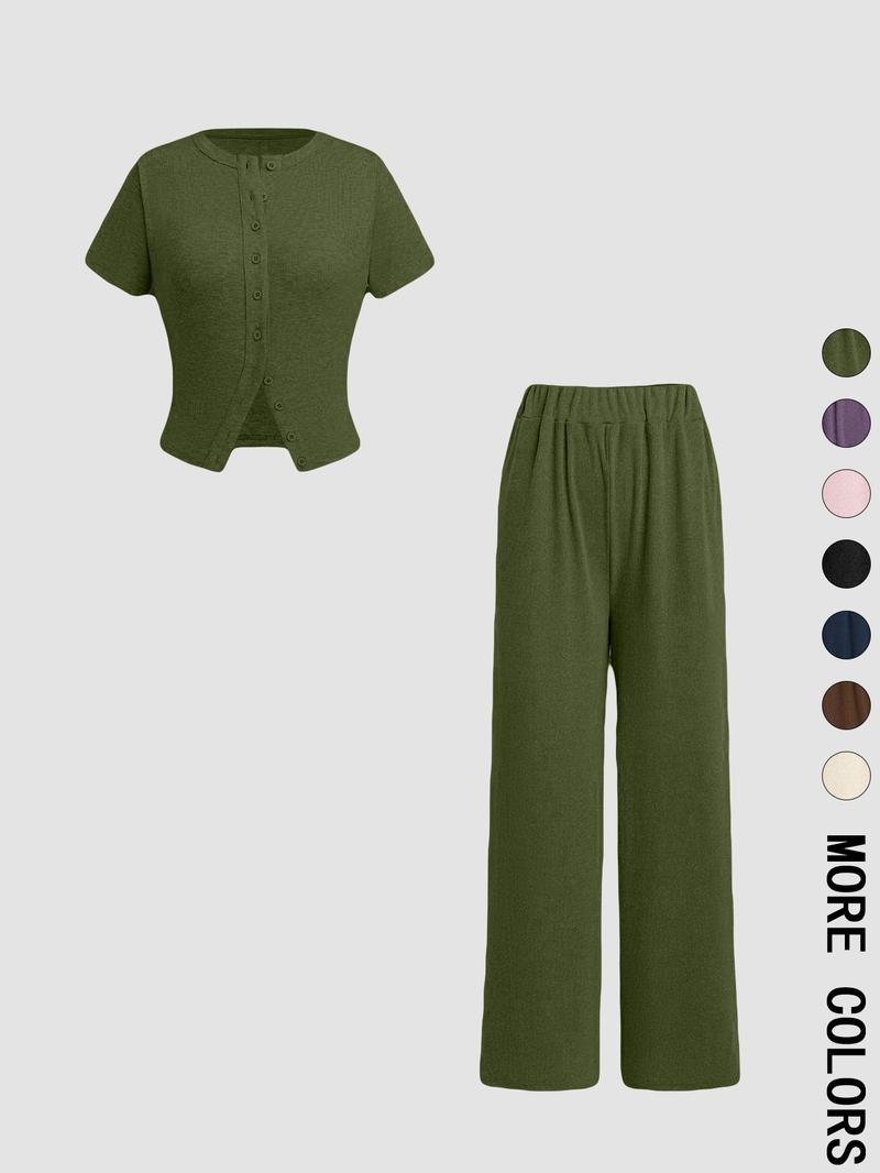 Two-piece Set Women's Solid Color Top & Wide Leg Pants, Casual Basic Comfy Round Neck Top & Trousers for Daily Wear, Ladies Two-piece Outfits for All Seasons, Clothes,Airport Outfit