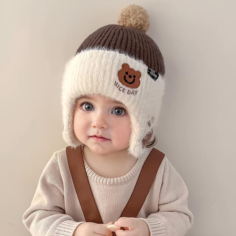 Winter Baby Bean Hat with Bear Ears and Pom-Pom for 1-3 Years Old Kids – Soft Plush Lining, Cute Face Cut, Fluffy Ears, Warm Wool Lining for Neck and Head Protection