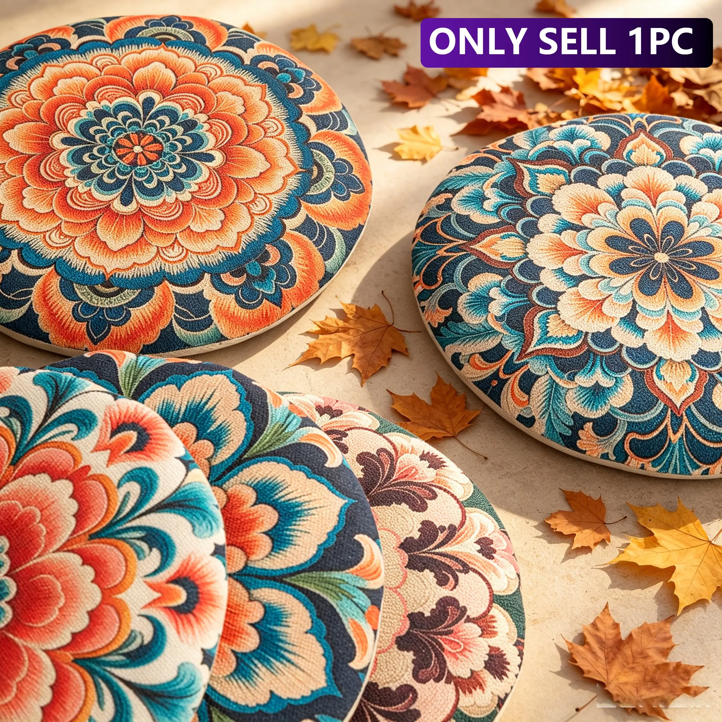 Bohemian Embroidered Round Seat Cushion, Multi-Color Vintage Mandala Pattern, Pet-Friendly, Fits Various Spaces, Cushions For Porch