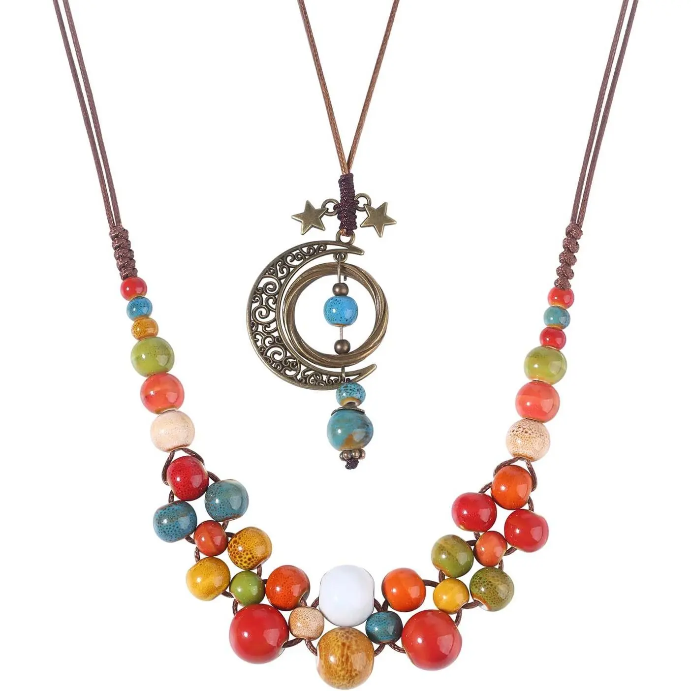 2 Piece Celestial Boho Necklace Set, Adjustable Ceramic Bead Lariat with Moon Pendant, Women's Fashion Summer Jewelry, Moon Stars