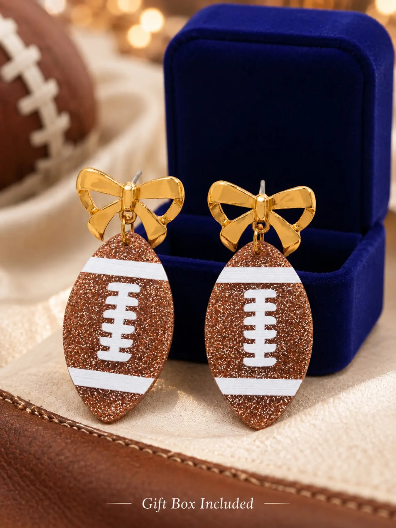 Gift Box Included | 1 Pair Premium Football Bow Earrings for Women, Brown Glitter American Football Dangle Statement Earrings, Game Day Tailgate Accessory, Holiday Gift for Her, Fashion Jewelry Earrings