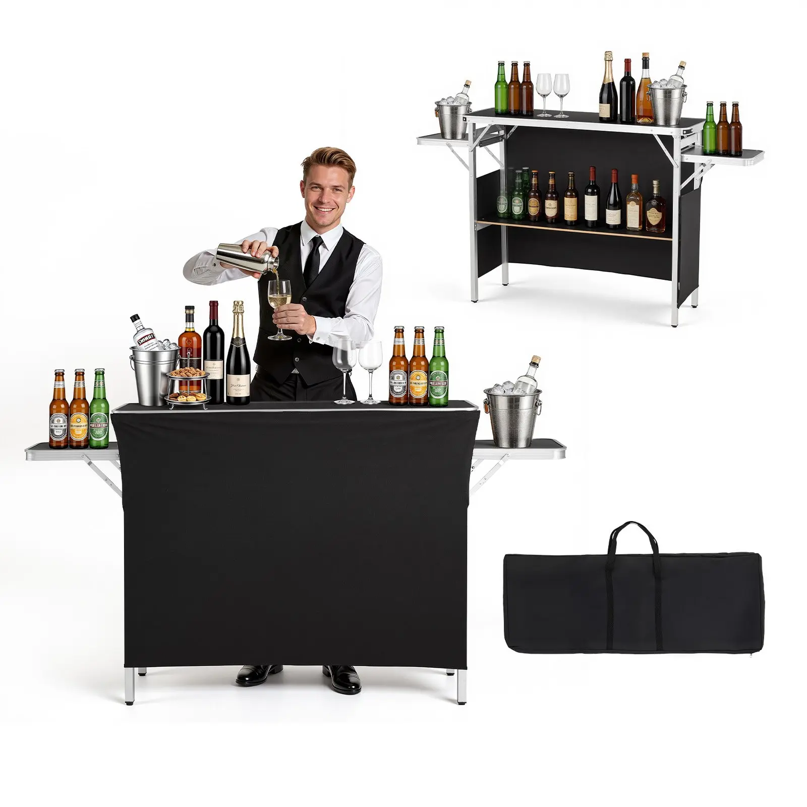 VEVOR Aluminium Folding Portable Bar Table, 43.3x15.4x34.6in, 15.4 Lbs / 7 Kg, with Carry Bag, Storage Shelf, Detachable 3-Sided Wraparound Fabric, Quick Setup, Mobile Bartending Station for Events, Market Stalls