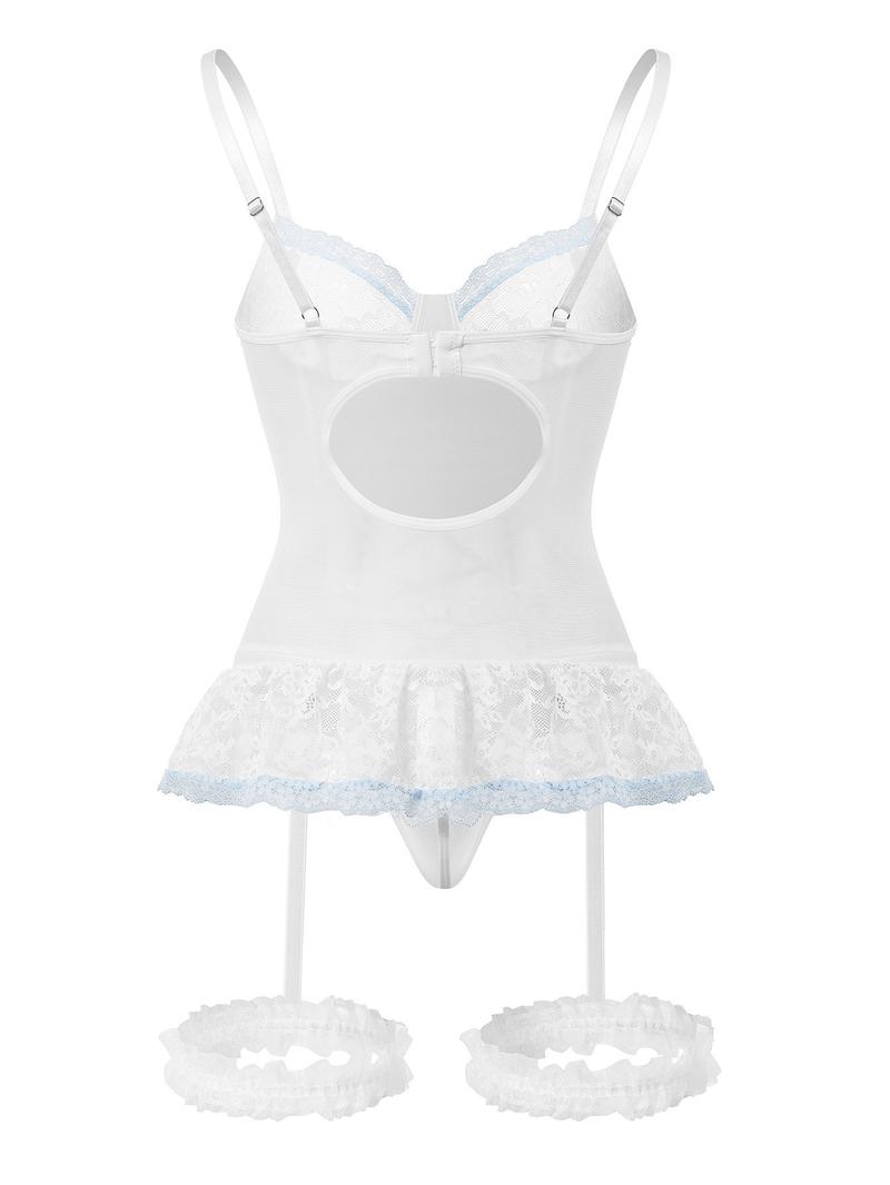 Women's Sexy Black & Pink Lace Corset Lingerie Set, Push-Up Bustier with Lace-Up Detail, Bow Accent Ruffle Hem Garter Belt Lingerie, Perfect for Valentine's Day, Date Night & Romantic Occasions, Seductive Maid Style Intimates