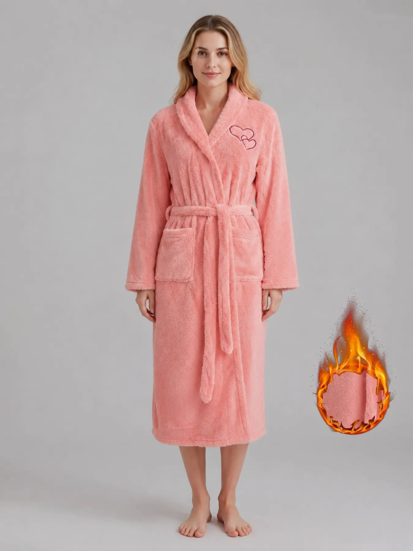 Women's Autumn Winter Soft Peach Tie Waist Long Bathrobe, Heart Embroidery Fruit Collar Flannel Sleepwear, Sweet Home Essential