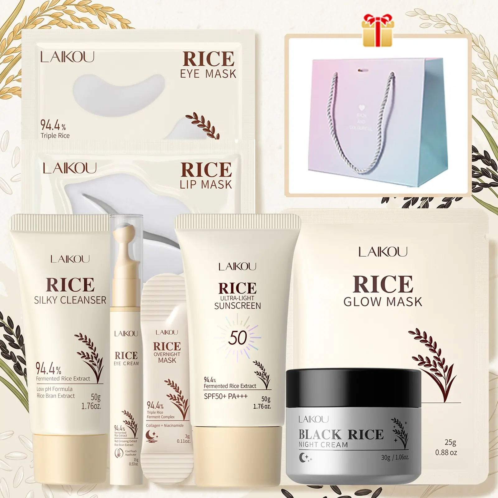 LAIKOU Rice Extract Radiance Essentials Kit, Glow Set, 8-In-1 Brightening and Hydrating Skin Solution with Moisturizing Cream, Glow Mask & Lip Treatment, Gentle Hydration & Pore Refining System for Uneven Skin Tone