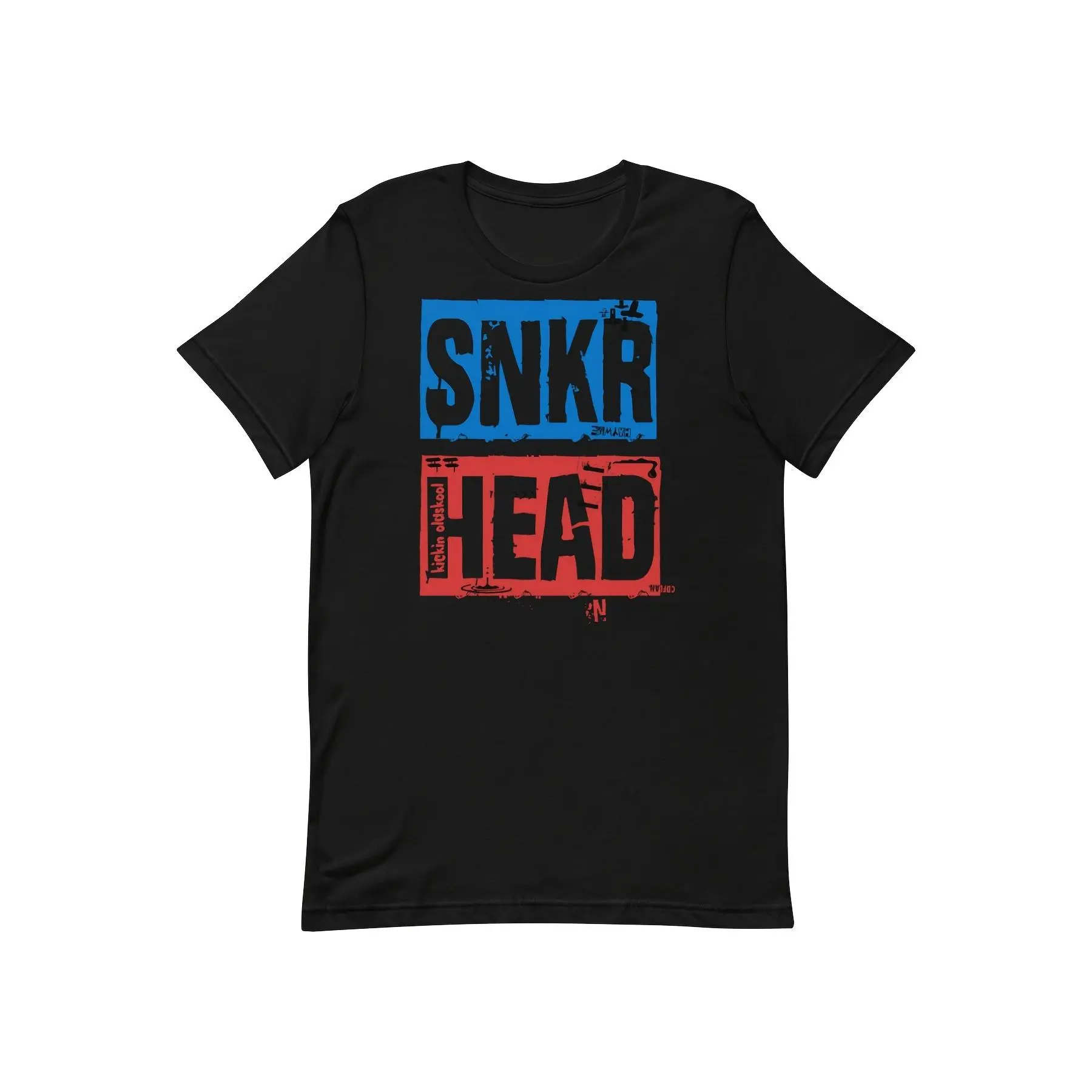 A Men's T-shirt Featuring a Bold SNKR HEAD Design in Vibrant Blue and Red, Crafted from 100 Pure , Weighing 6.35 oz, Ideal for Trendy Casual Outings and Unique Personal Style