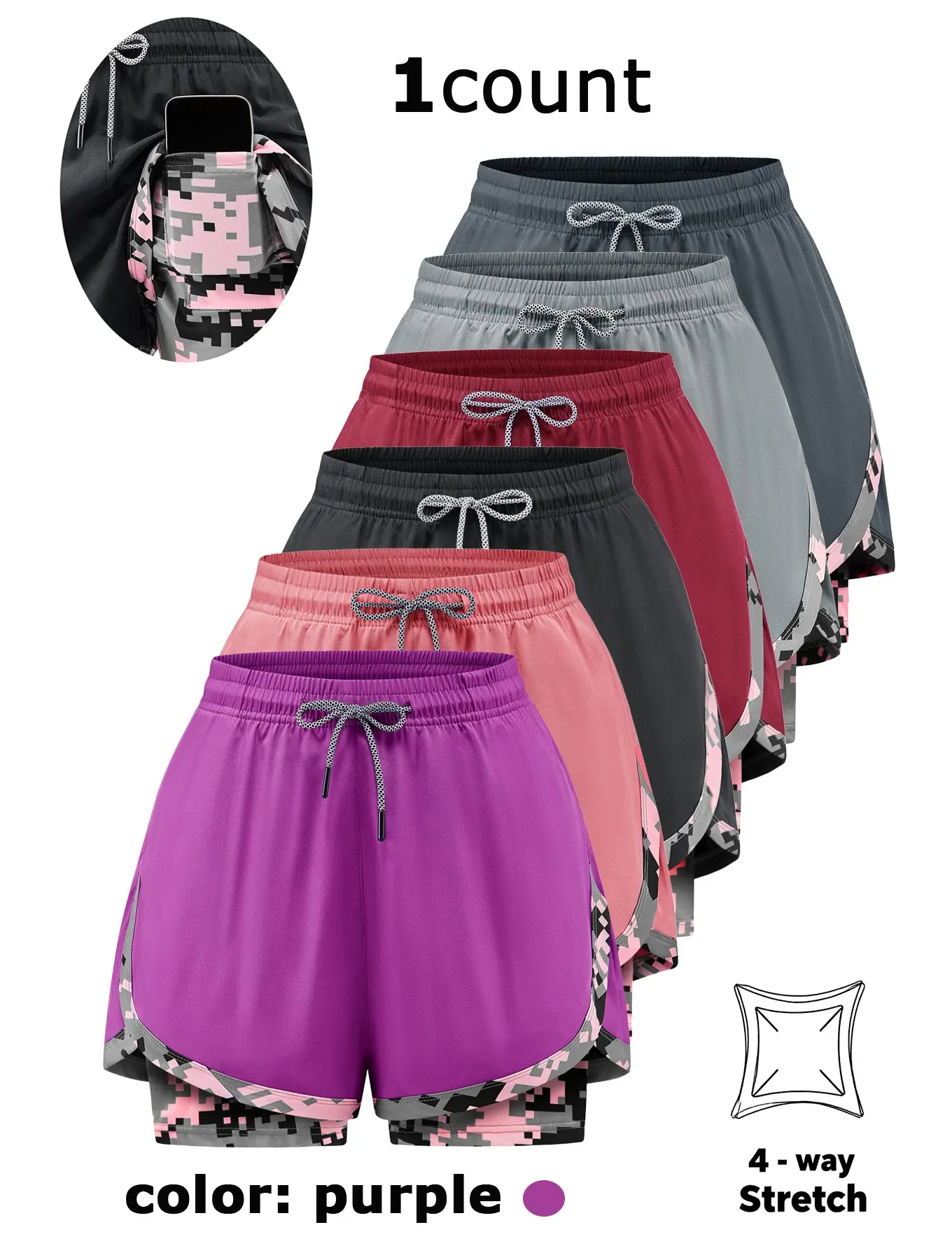 Women's 2‑in‑1 Layered Anti‑Chafing Athletic Shorts with Elastic Waistband、 Phone Pocket , Breathable Comfort Quick-Dry  Fabric for All Seasons,Perfect for Outdoor Running and Gym Workouts, Dual Layer Shorts