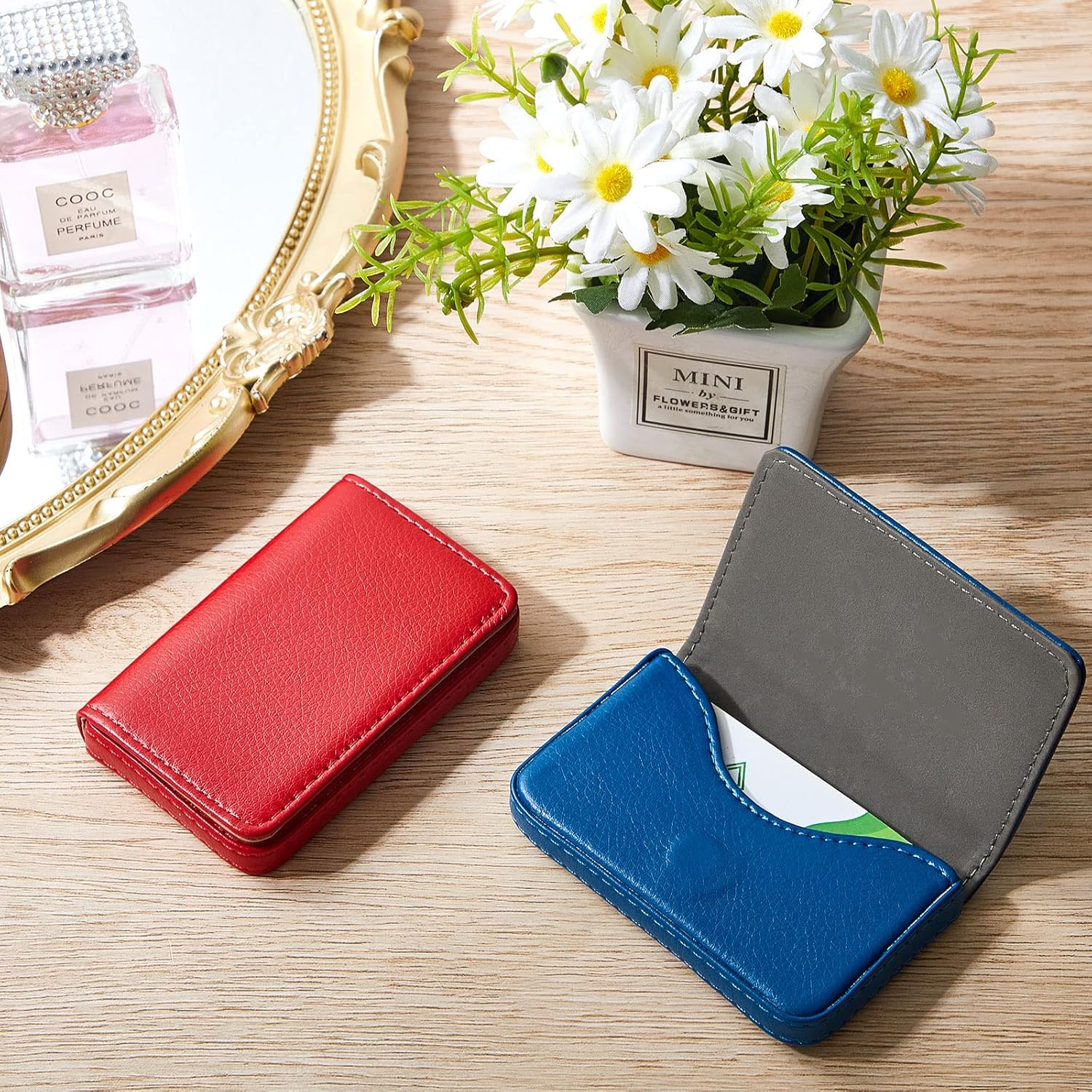 2 Pack Business Card Holder, Business Card Wallet Leather Business Card Case Pocket Business Name Card Holder with Magnetic Shut, Credit Card ID Case wallet