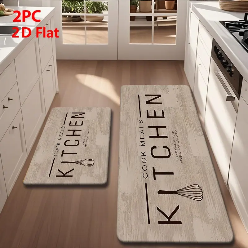 Kitchen Mat Set for floor 2/3 Piece,Simple  Kitchen Rug with Decorative, Light Distressed Wood Grain Background "KITCHEN COOK MEALS" Whisk Letter  Kitchen Rugs and Mats for Kitchen, Entryway, Bathroom, Laundry Room, Hallway