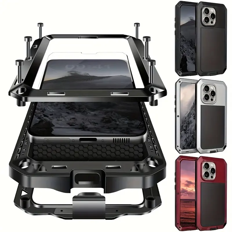 Anti-Scratch Waterproof Rugged Metal Frame Case for iPhone 17 16 15 14 13 12 11 Pro Max Plus Air, Military Shock-Resistant Enclosed Cover with Front Tempered Glass