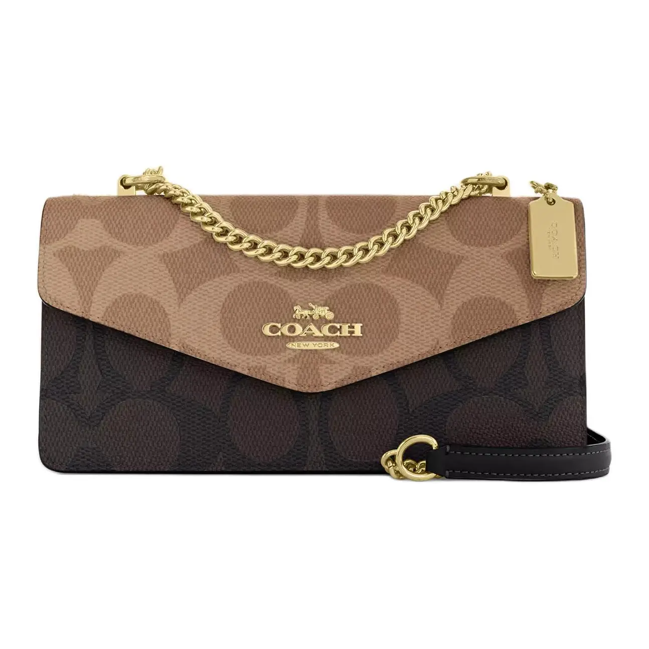 COACH Klare 26 Envelope Bag for Women – Leopard-Print Metal Chain, Pebbled Leather and Coated Canvas, Tan