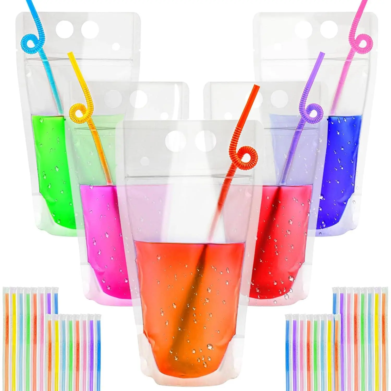 44 Individually Wrapped Drink Pouches with Straws 17oz Clear Reusable Plastic Pouches for Juice Alcohol Cocktail Smoothie Ideal for Halloween Party Hot Weather Cooling