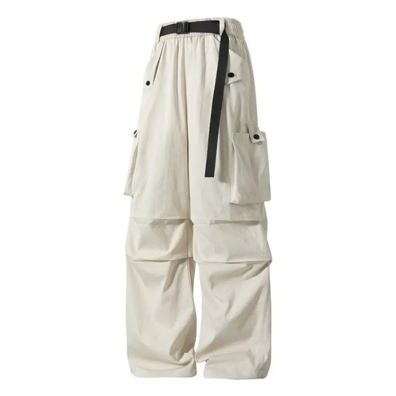 Men's Wide-Leg Cargo Pants in a Loose Techwear Style, Lightweight Quick-Dry Fabric with an Elastic Waist, Buckle Belt, and Pleated Knees, Bottoms, Baggy, Clothes, Polyester, Strap, Menswear