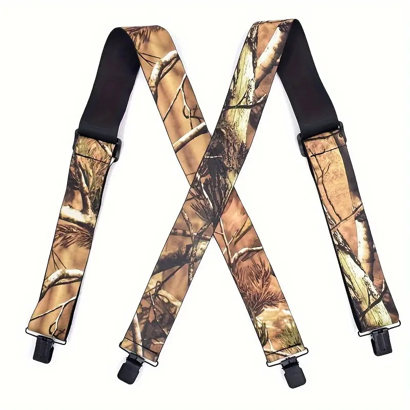 Heavy-duty men's camouflage suspenders featuring four sturdy clips; designed for hunting and work, with an adjustable X-back style.