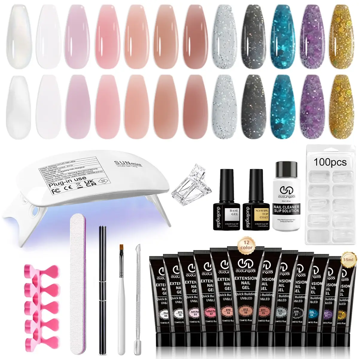 duolingdai 23-Piece Nail Extension Gel Kit, 15g Multi-Pack, Transparent, Nude, Sparkle, Earth Tone, Mini UV Lamp, Beginner Friendly