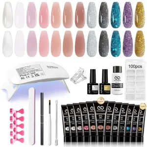 Duolingdai 12 Color Bare + Glitter Nail Extension Gel Set, UV Lamp, Long Cone Nails, DIY Professional Manicure Kit