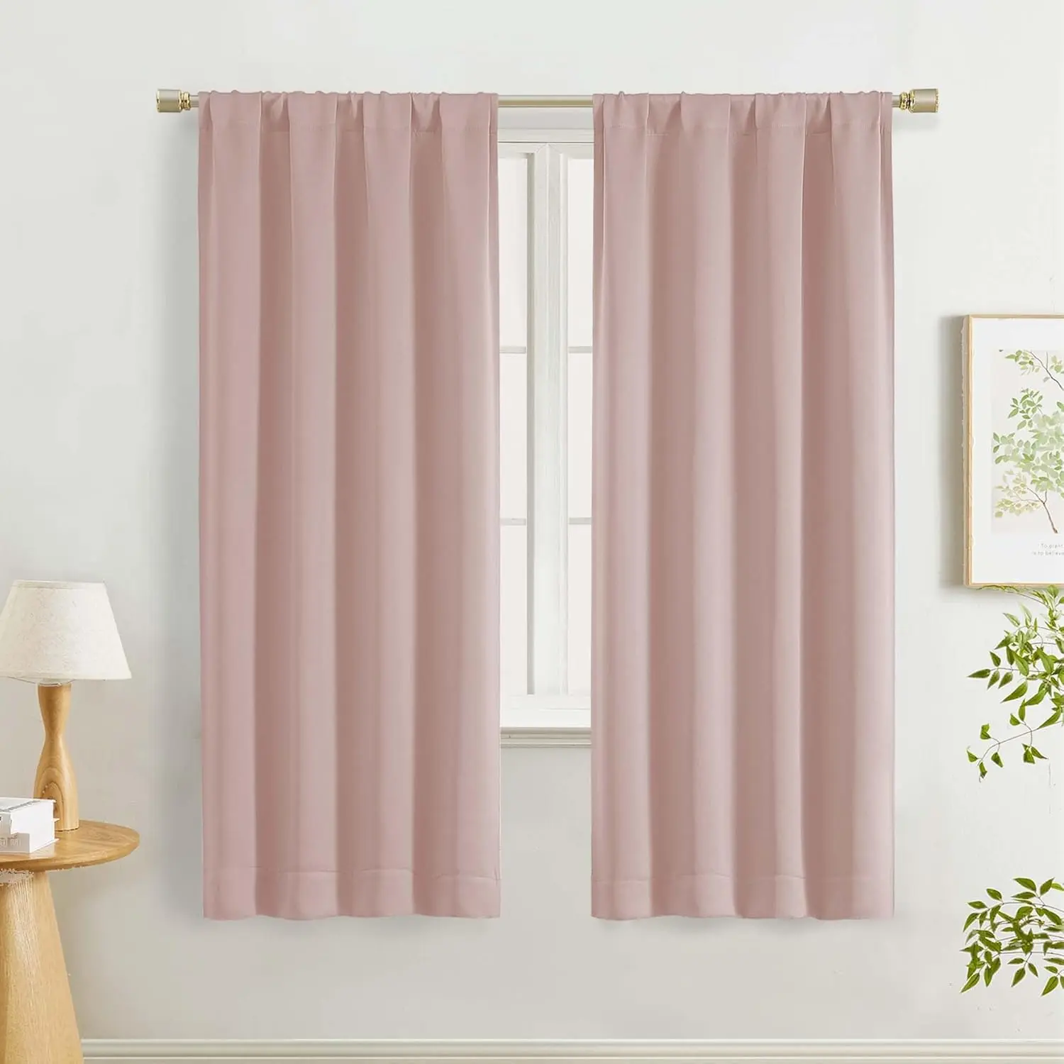 Blush Pink Home Decorative Blackout Curtains - 2-Panel Ready Made Set, 40" W x 63" L Thermal Soft Window Drapes with Rod for Bedroom, Living Room