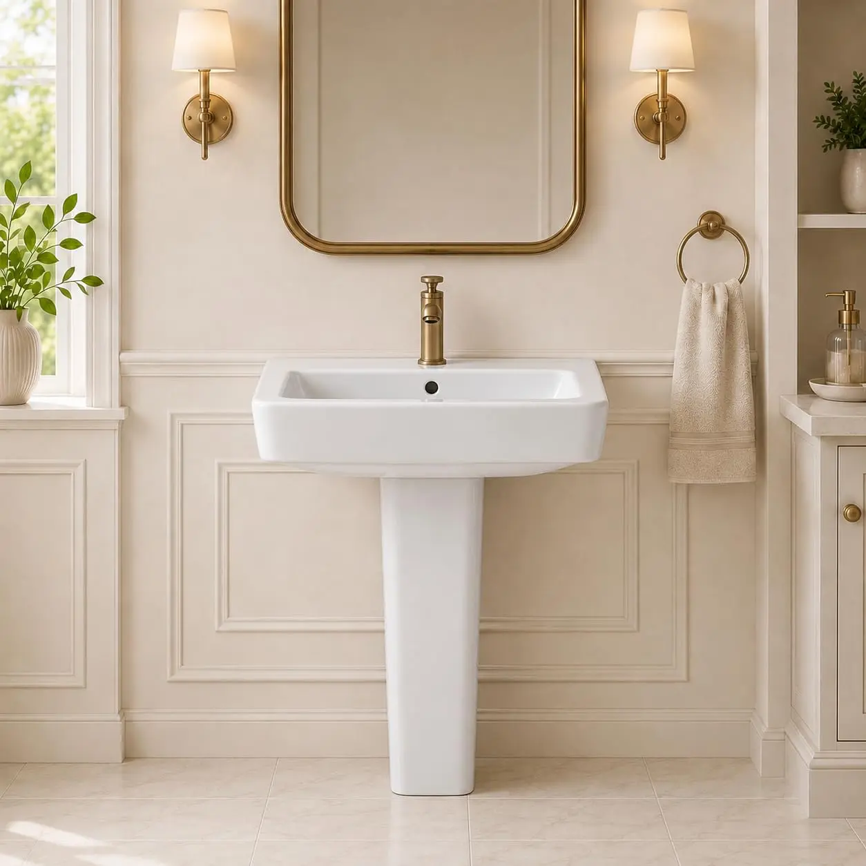 Ceramic Square Pedestal Sink, Single Hole Freestanding Basin | Classic Square Design, Smooth Glossy Finish, Easy-Clean Surface