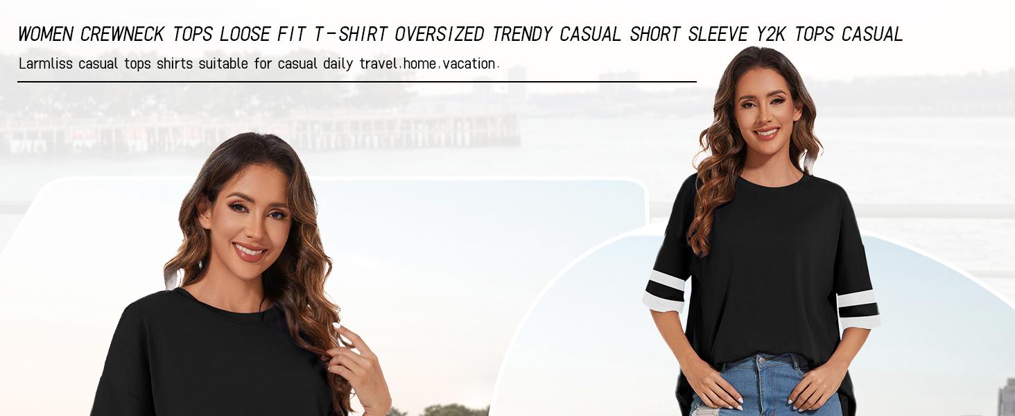 Women's Oversized T Shirts Round Neck Striped Tees Summer Half Sleeve Casual Comfy Cozy Cotton Tunic Tops