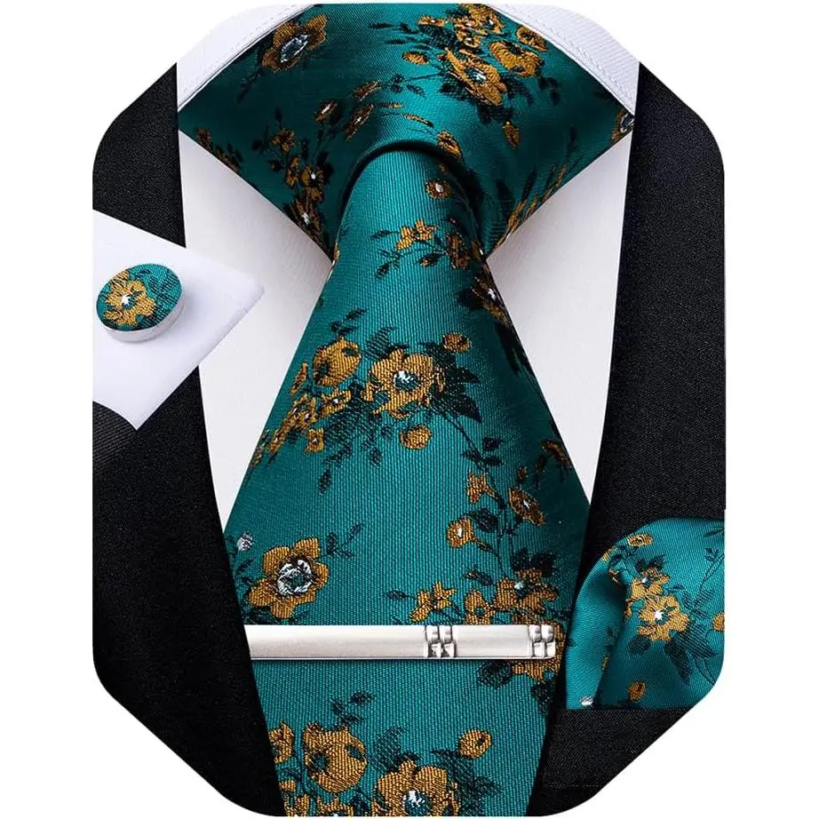 Silk Floral Ties for Men Woven Paisley Necktie and Tie Clip Handkerchief Cufflinks Set for Party Wedding