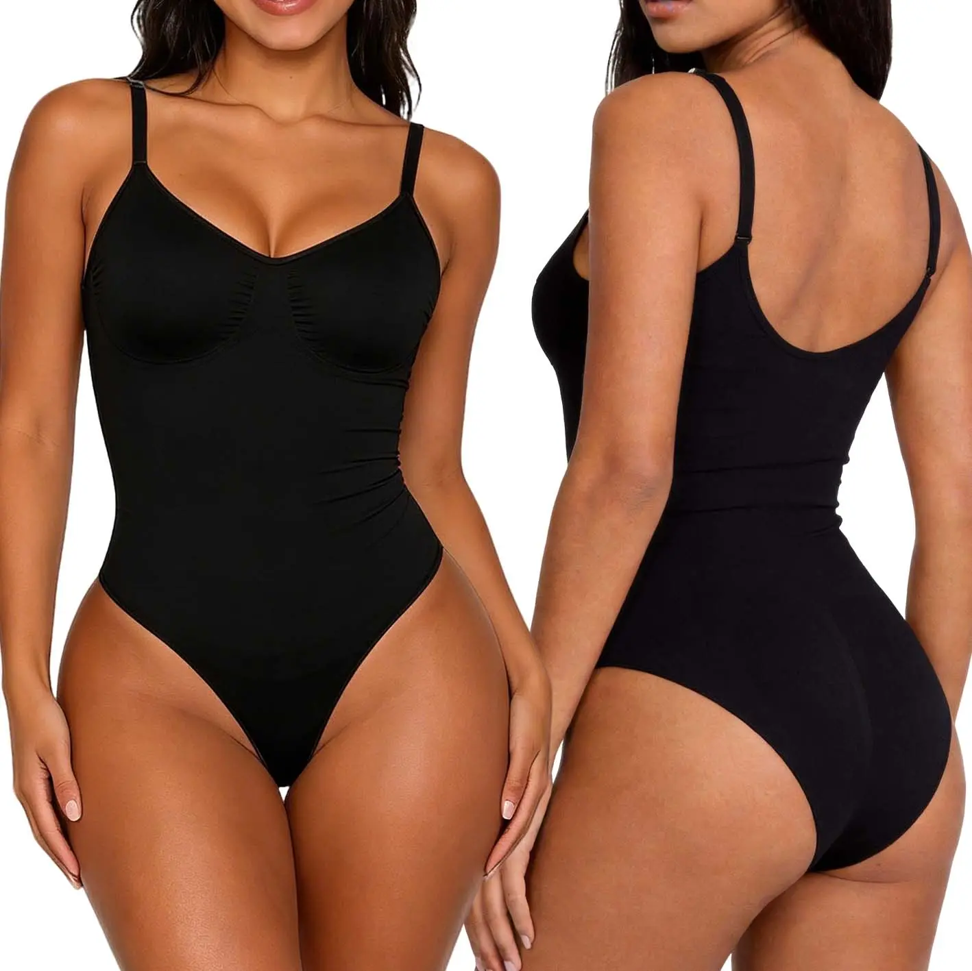 Women's Tummy Control Shapewear Bodysuit, Stretchy & Sexy Open-Back Cami for a Comfortable All-Day Fit and Figure-Enhancing Support, Parties, Hourglass Shaping, Every Season, Fitted Shapewear, Nylon, Compression, Hip Black Spaghetti Strap Womenswear Basic