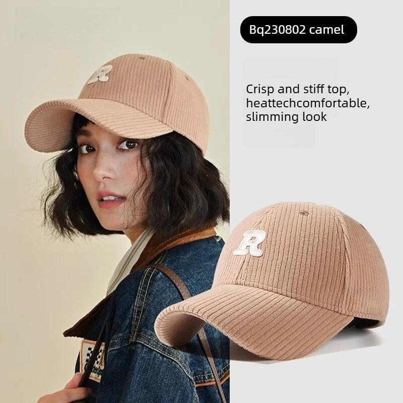 1pc Corduroy Baseball Cap with 3D Embroidered 'R' Letter Maillard Color Palette Adjustable StructuredHat Stylish Accessory Women