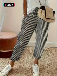 Women's Striped Print Pocket Elastic Waist Pants, Casual Comfy Trousers for Daily Wear, Ladies Bottoms for All Seasons, Womenswear, Casual Summer Bottoms, Casual Fashion Bottoms