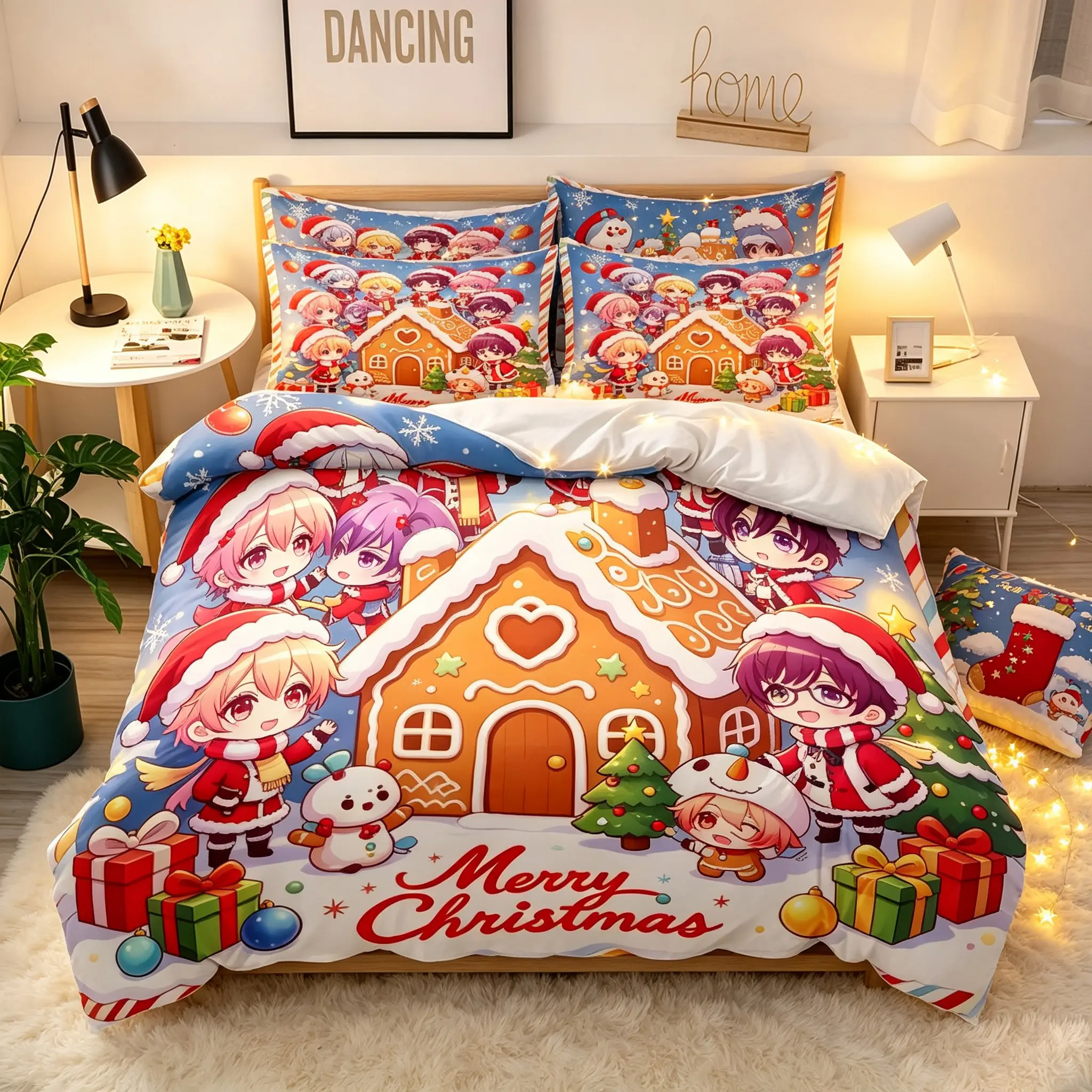 3-Piece Christmas Duvet Cover Set, Cute Q-Style Anime and Snowman Tree Patterns, Soft Fabric, No Padding, Ideal for Bedroom, Hotel, Dormitory