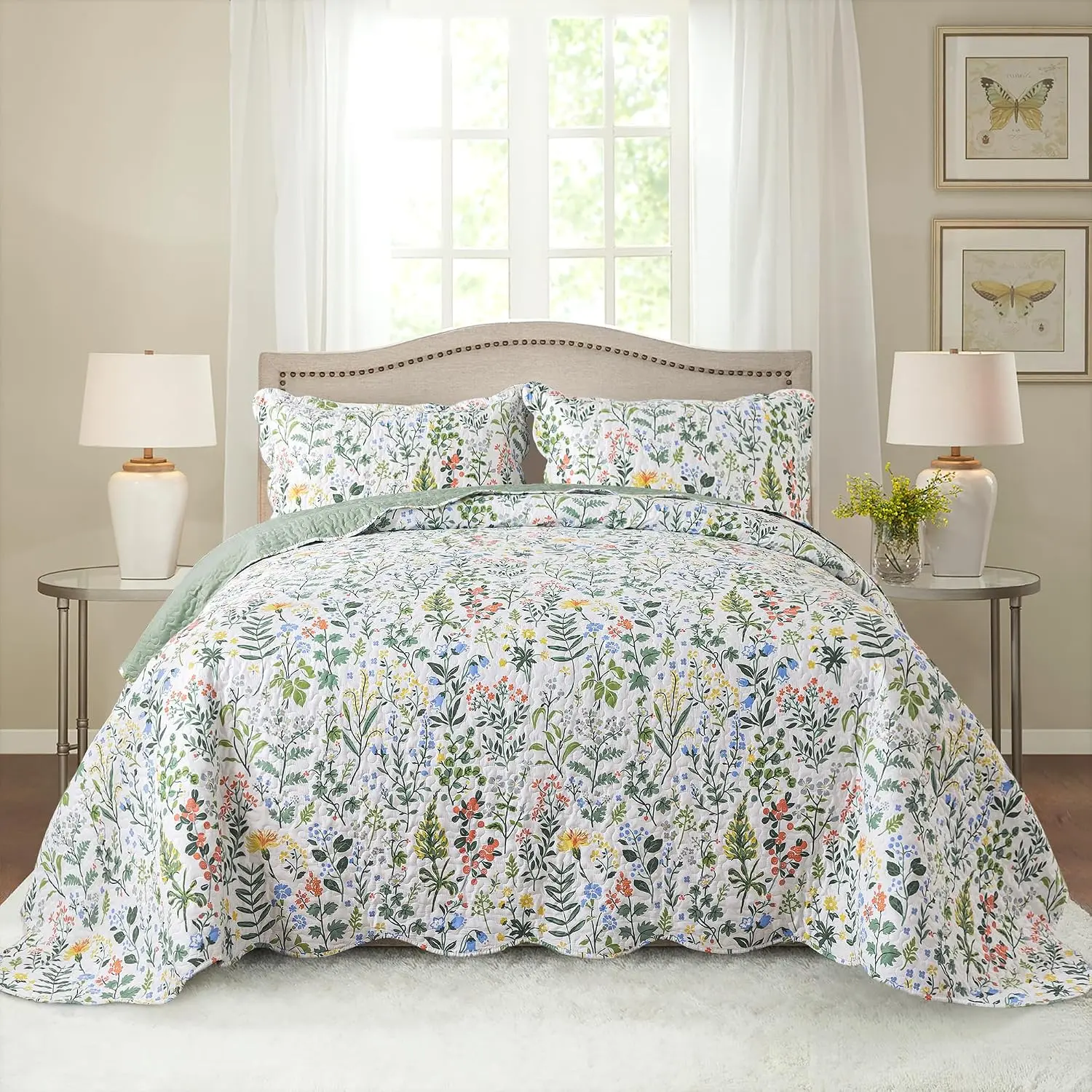 Queen Bedding Set - 3 Pieces Microfiber Sets Lightweight Bedspreads Reversible Coverlets Retro Bed Cover Floral Bedding Set All Season Use