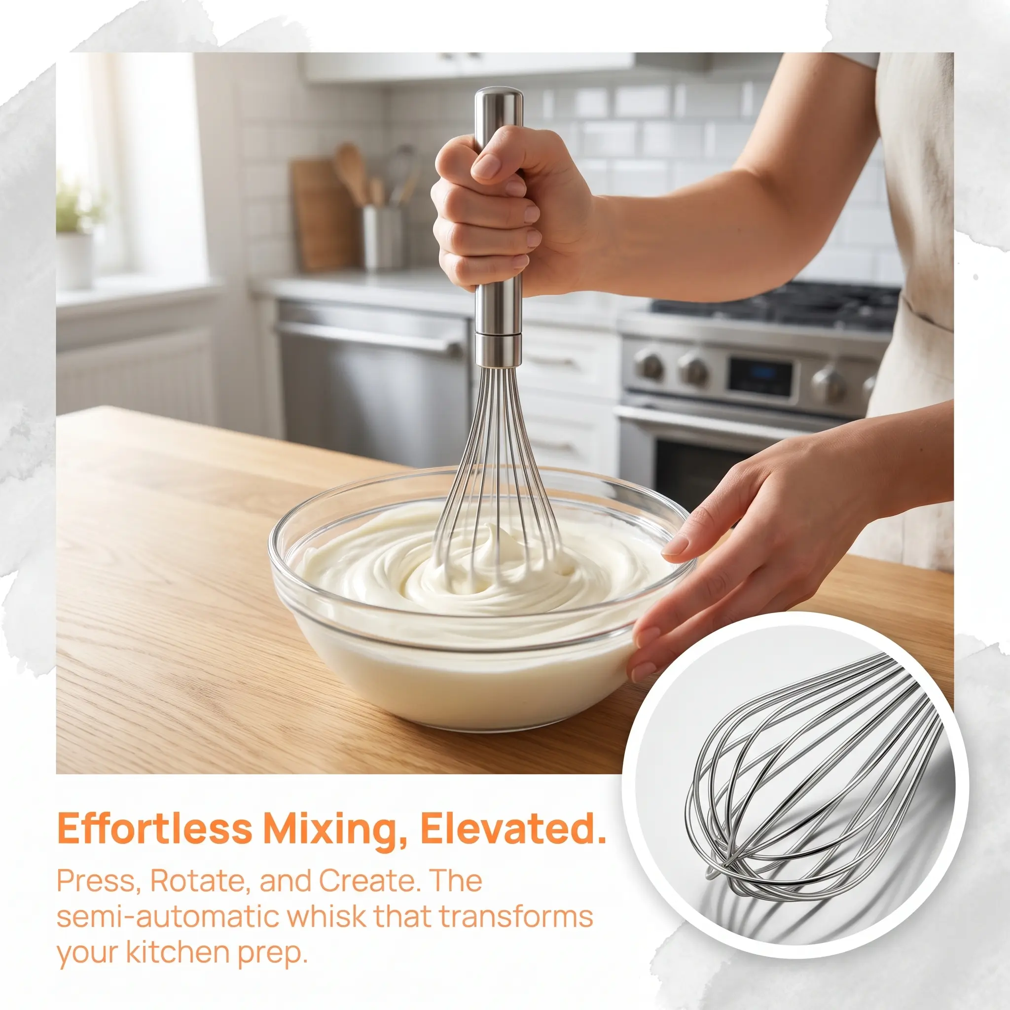 No Electricity Needed!    Hand-Push Semi-Automatic Rotary Whisk for Easy Whipping & Blending