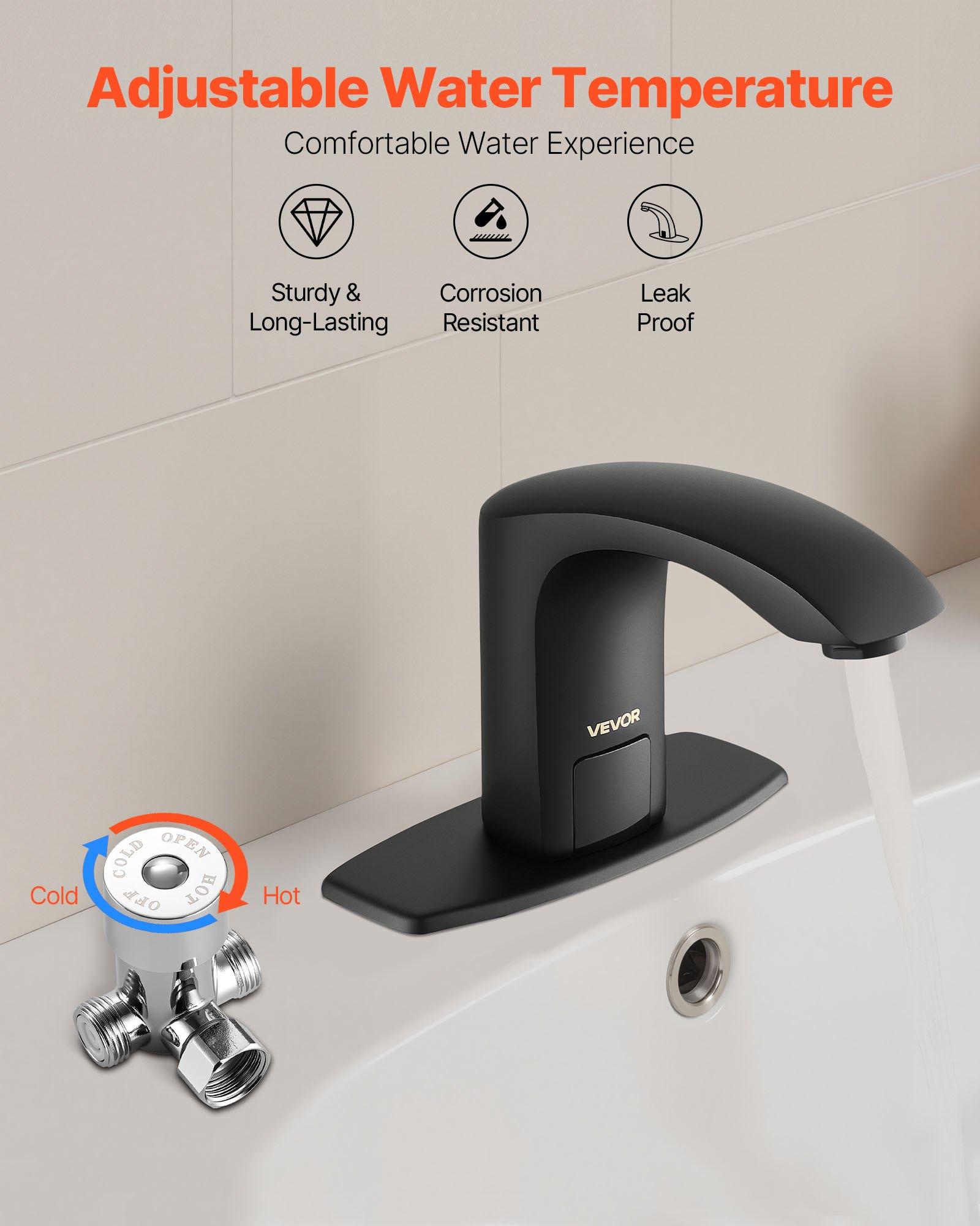 VEVOR Touchless Bathroom Sink Faucet, Automatic Motion Sensor Restroom Toilet Faucet with Hole Cover Plate, Battery Operated,Adjustable Temperature for 9/16 in Pipe Commercial Lavatory,Matte Black