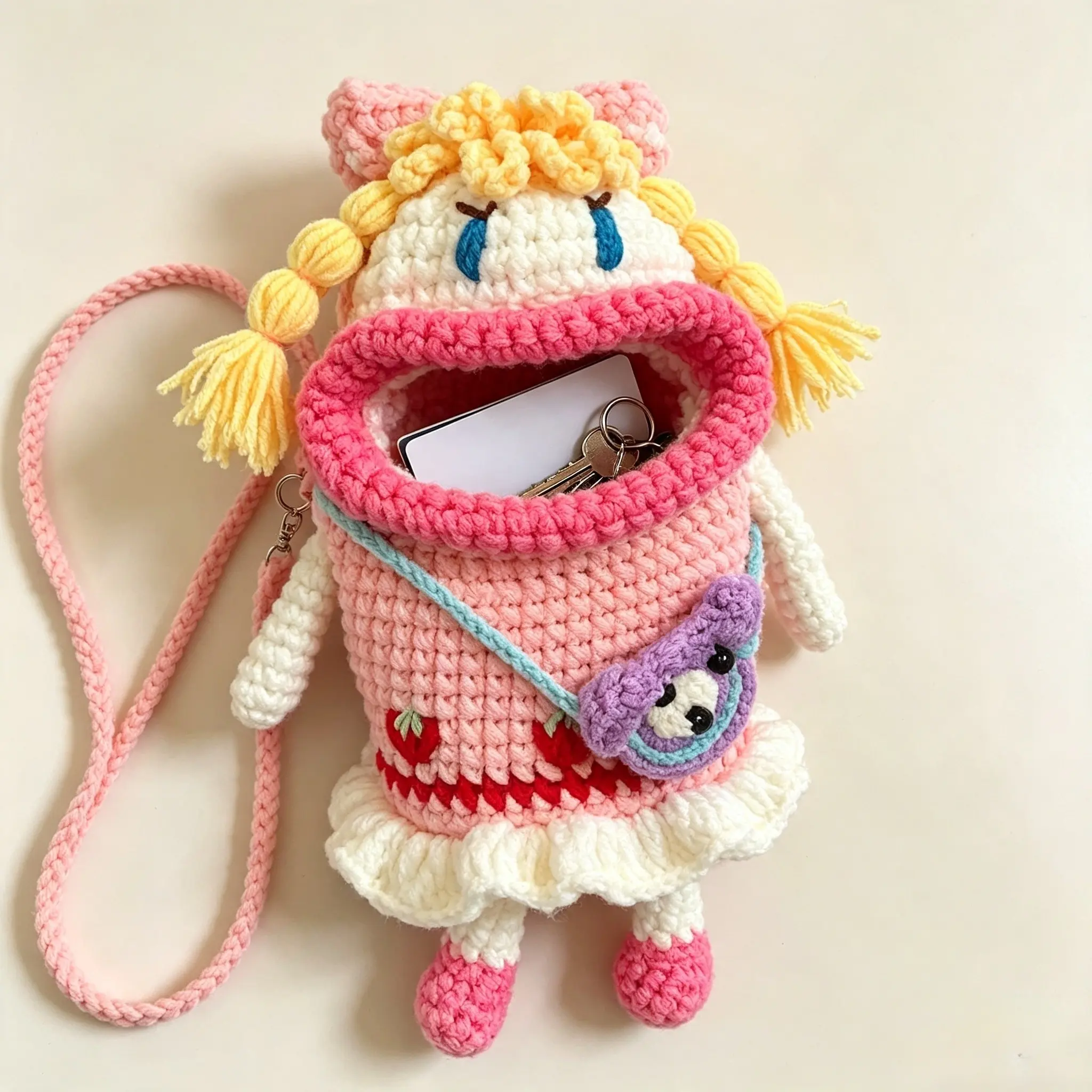 1 Piece Handmade Crochet Shoulder Bag, Ugly Cute Big Mouth Doll Crossbody Bag, Autumn Winter New Phone Card Holder Purse