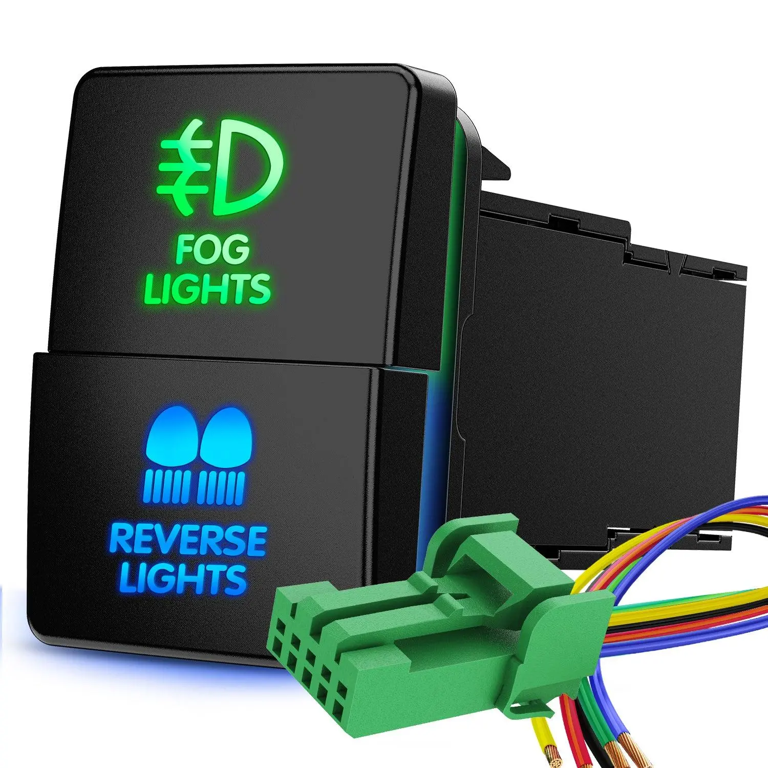 Nilight 12V LED Illuminated Dual Push Button Power Switch with Connector Wire Kit, 1.28x0.87in ABS Plastic Fog & Rev. Lights Switch, OEM Fit Dual Control Replacement for Toyota Models, Camping Use (with Blue Light)