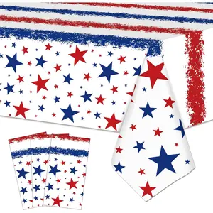 3 Pack 54 x 108 Inch Watercolor Red, White, and Blue Stars Plastic Tablecloth - Disposable Rectangle Table Covers for 4th of July, Memorial Day, Independence Day, and Patriotic Themed Celebrations